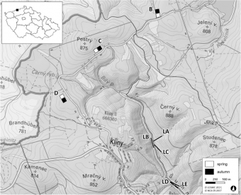 Místa odchytu savců v Krušných horách. Kredit: Zárybnická et al. 2017, Eur J Wildl Res.