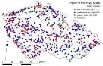 Úroveň kyselosti lesní půdy v ČR. Kredit: H. Šantrůčková et a. (2019), Science of Total Environment.